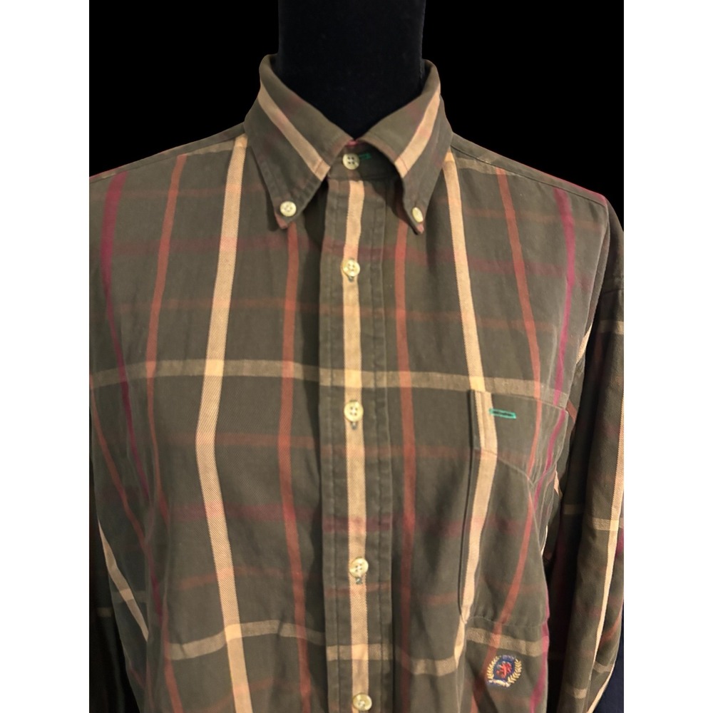VTG Tommy Hilfiger‎ Mens L Plaid Button Down Shirt Olive Cotton 90s Preppy